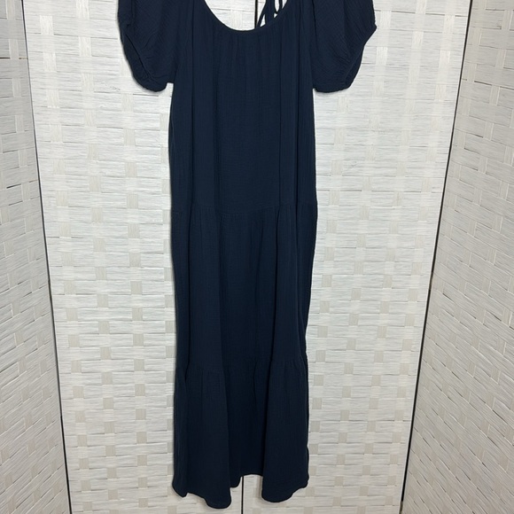 Socialite Navy Bubble Sleeve Gauze Type Tiered Maxi Dress Size Large w/Back Tie - Picture 3 of 10